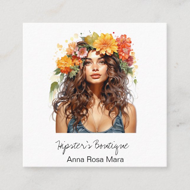 *~* AP57 QR Orange Boho Blume Hair Hippie Lady Quadratische Visitenkarte (Vorderseite)