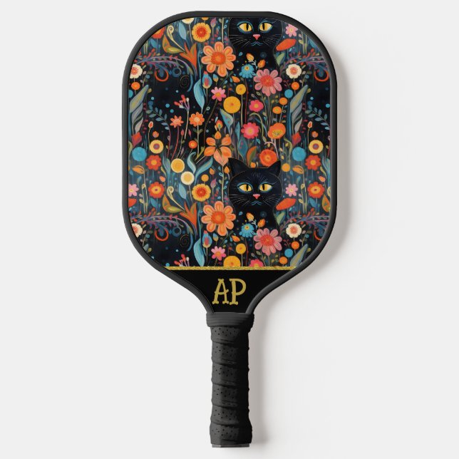 *~* AP68 Floral Whimsical Quirky Cat FOTO 1 Pickleball Schläger (Vorderseite)