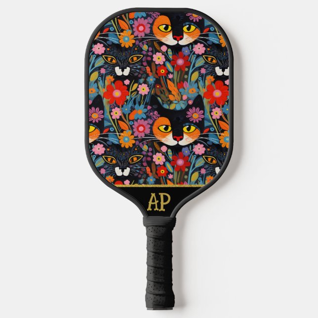 *~* AP68 Floral Whimsical Quirky Cat FOTO 8 Pickleball Schläger (Vorderseite)