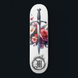 *~* AP88 Fire Mittelalterliche Schwertschwert-Blum Skateboard<br><div class="desc">(Suchen Sie nach ähnlichen Artikeln in AP88 ) Einfache Übertragung auf andere Zazzle Produkte. WHITE Hintergrund Skateboard. MEDIEVAL SWORD for dragon slayer with BLUME / FLORAL elements and with RING of FIRE / FLAMES / FLAME and Letter , INITIAL MONOGRAM for your name - Behalt oder editiere oder lösche den...</div>