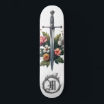 *~* AP88 Mittelalterliche Schwertfliege Blume Skateboard<br><div class="desc">(Suchen Sie nach ähnlichen Artikeln in AP88 ) Einfache Übertragung auf andere Zazzle Produkte. WHITE Hintergrund Skateboard. MEDIEVAL SWORD for dragon slayer with BLUME / FLORAL elements and with RING of FIRE / FLAMES / FLAME and Letter , INITIAL MONOGRAM for your name - Behalt oder editiere oder lösche den...</div>