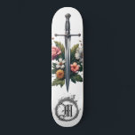 *~* AP88 Mittelalterliche Schwertfliege Blume Skateboard<br><div class="desc">(Suchen Sie nach ähnlichen Artikeln in AP88 ) Einfache Übertragung auf andere Zazzle Produkte. WHITE Hintergrund Skateboard. MEDIEVAL SWORD for dragon slayer with BLUME / FLORAL elements and with RING of FIRE / FLAMES / FLAME and Letter , INITIAL MONOGRAM for your name - Behalt oder editiere oder lösche den...</div>