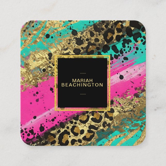 ** AP93 Abstrakt Gold Leopard Animal Neon Bold Quadratische Visitenkarte (Vorderseite)