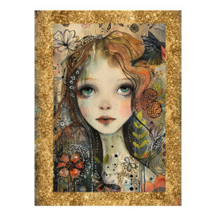 *~ AP95 Capricieuse Frau Gold Glitter Blumenmuster Fotodruck