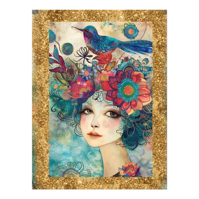 * AP95 Whimsical Woman Floral Gold Glitzer art Fotodruck (Vorne)