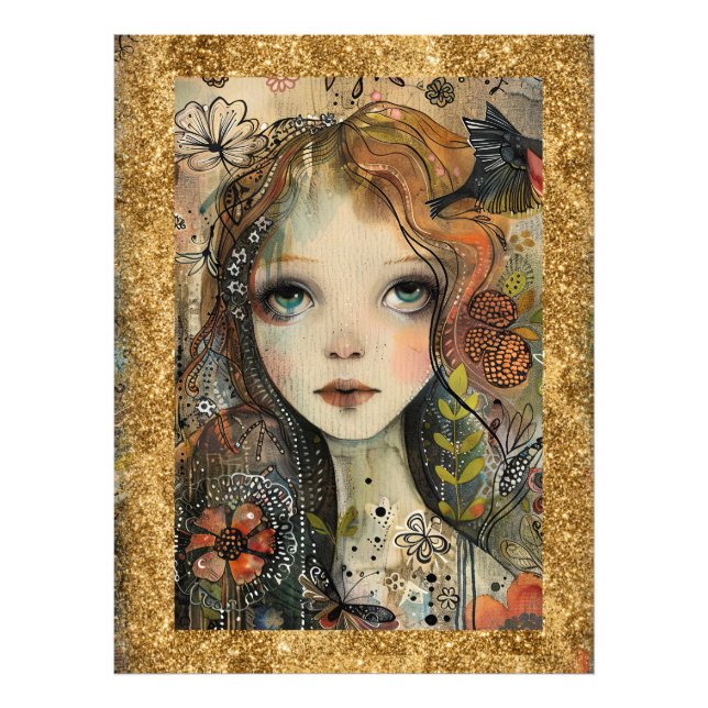 *~ AP95 Whimsical Woman Gold Glitzer Floral Fotodruck (Vorne)