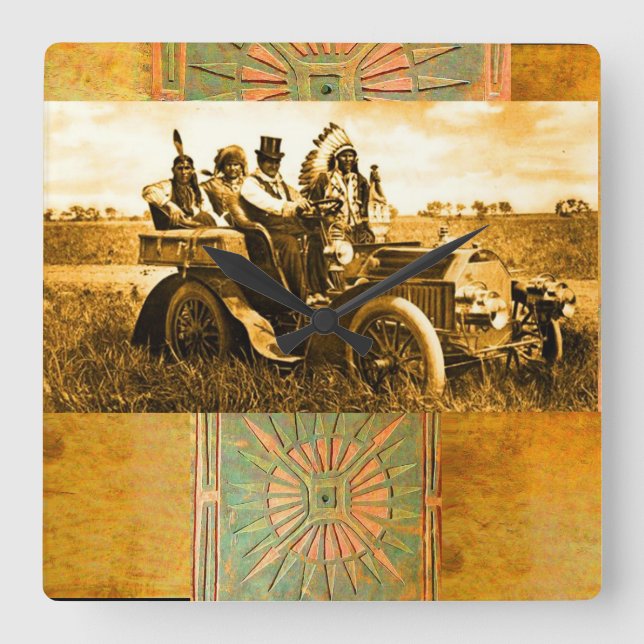 APACHES AND GERONIMO DRIVING A MOTOR CAR QUADRATISCHE WANDUHR (Vorderseite)