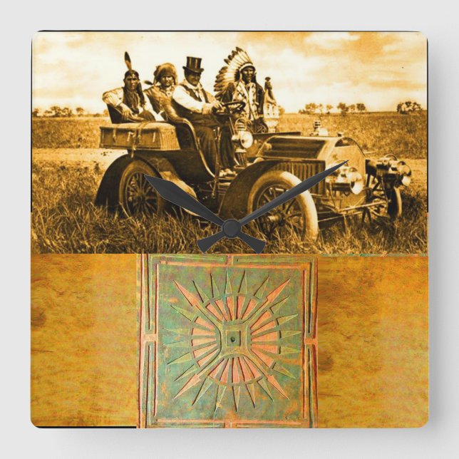 APACHES AND GERONIMO DRIVING A MOTOR CAR QUADRATISCHE WANDUHR (Vorderseite)