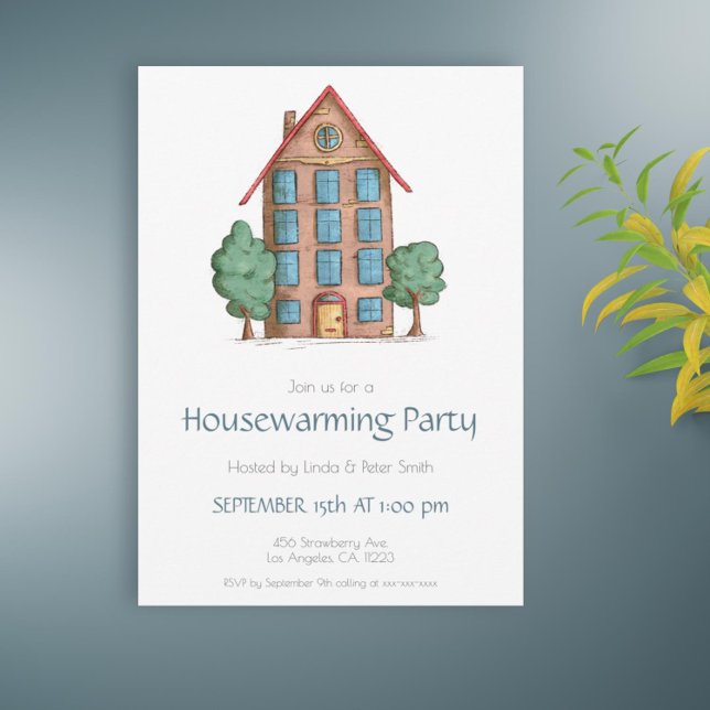 Apartment Gebäude & Bäume Neue Zuhause Einladung (Cute housewarming party invitation with an illustration of a building and some trees)