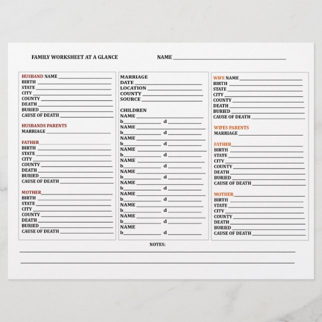 Aperçu de la généalogie - Feuille de travail du gr (Devant)