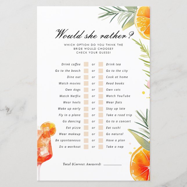 Aperol Spritz wollte sie eher Brautparty-Spiel (Vorderseite)