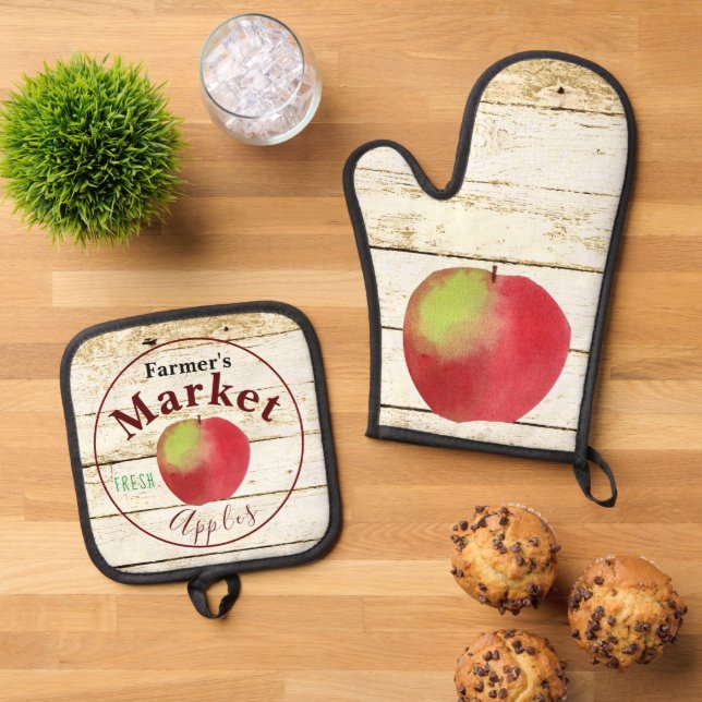 Äpfel auf dem Bauernmarkt - Zeichen Küchentücher Ofenhandschuh & Topflappen-Set (Oben Unten)