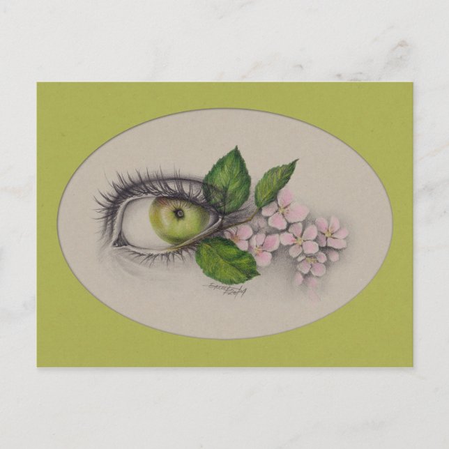 Apfel aus meinem Auge Surreal zeichnend Kunst Grün Postkarte (Vorderseite)