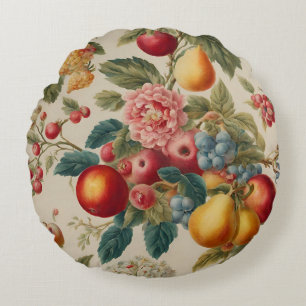 Äpfel, Birnen, Trauben, rosa Blume. Französisch be Rundes Kissen