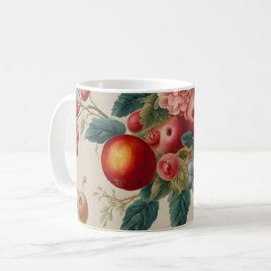 Äpfel, Birnen, Trauben, rosa Blume. Französisch ge Kaffeetasse