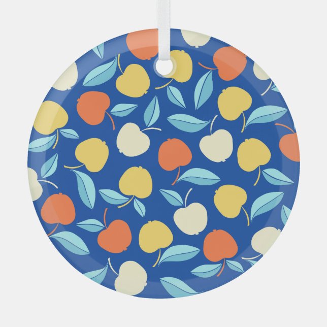 Äpfel Blätter, blauer Hintergrund, nahtloses Muste Ornament Aus Glas (Vorderseite)