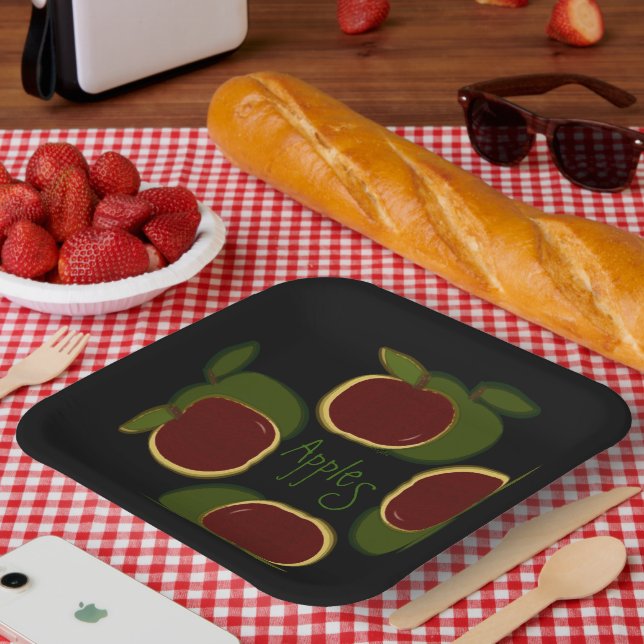 Äpfel Grafische schwarze grüne Früchte Pappteller (Picknick)