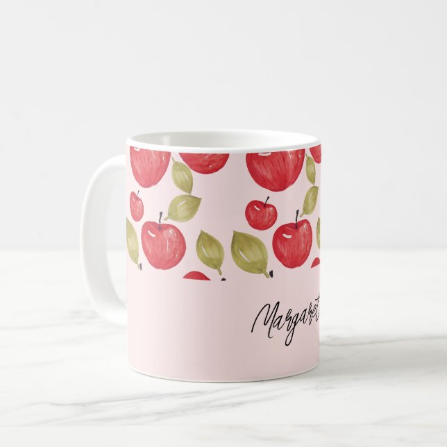 Apfel-Muster-Wasserfarbe Handgemaltes Monogramm Kaffeetasse (Vorderseite Links)