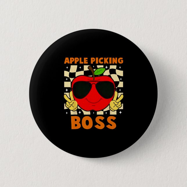 Apfel pflückender Chef Äpfel Obstgarten Kürbisfarm Button (Vorderseite)