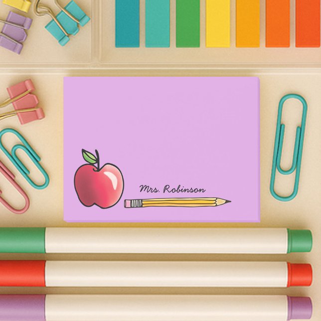 Apfel- und Bleistift-Personalisiert-Lehrer Lila 4x Post-it Klebezettel (4x3 sticky notes for teachers with a cute design of a red apple and pencil with name on purple)