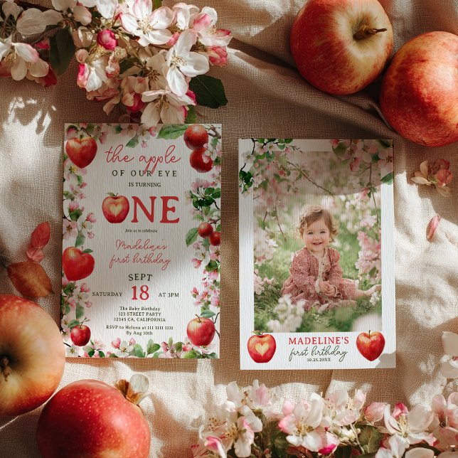 Apfel unseres Bläserfalles Foto am ersten Geburtst Einladung (Apple of Our Eye Floral Fall Photo First Birthday Invitation)