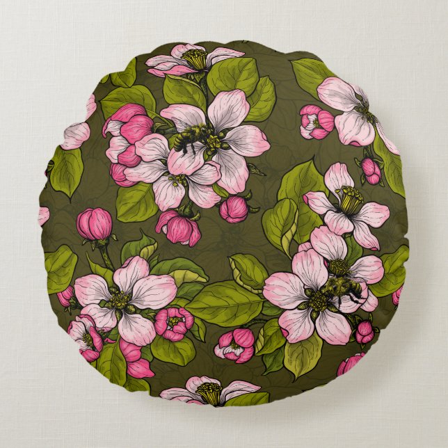 Apfelblüte auf dunkelgrün rundes kissen (Vorderseite)