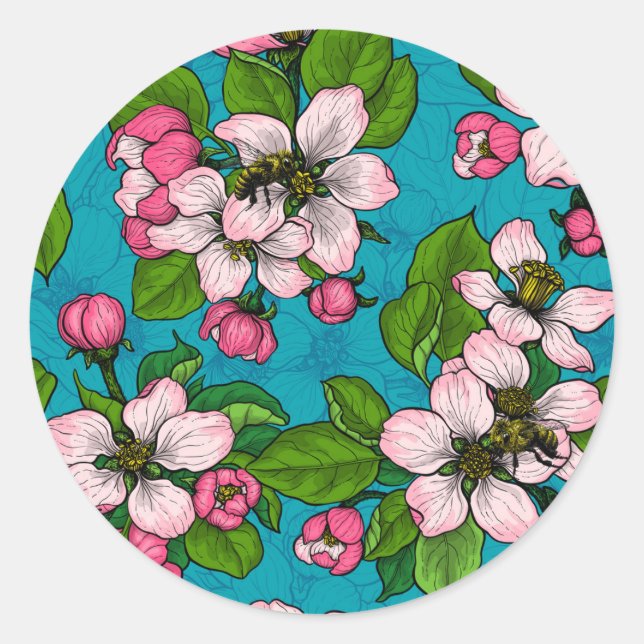 Apfelblüte auf Türkis Runder Aufkleber (Vorderseite)