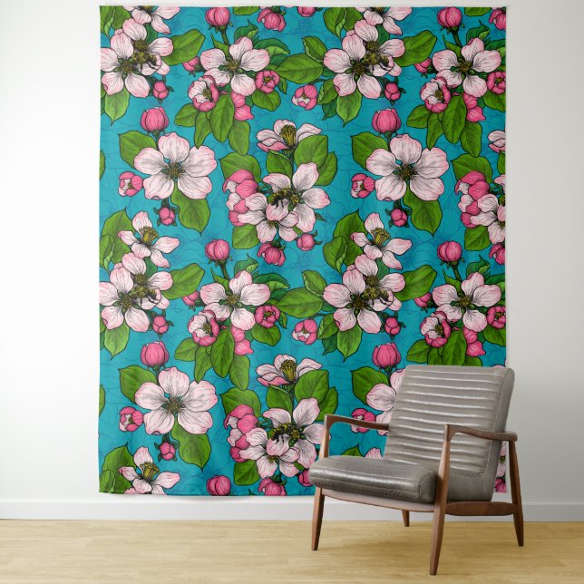 Apfelblüte auf Türkis Wandteppich (Beispiel)