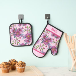 Apfelblüten und rosa Tupfen Ofenhandschuh & Topflappen-Set