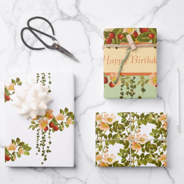 Apfelblüten und Rosehips Geschenkpapier Set (Vorderseite)