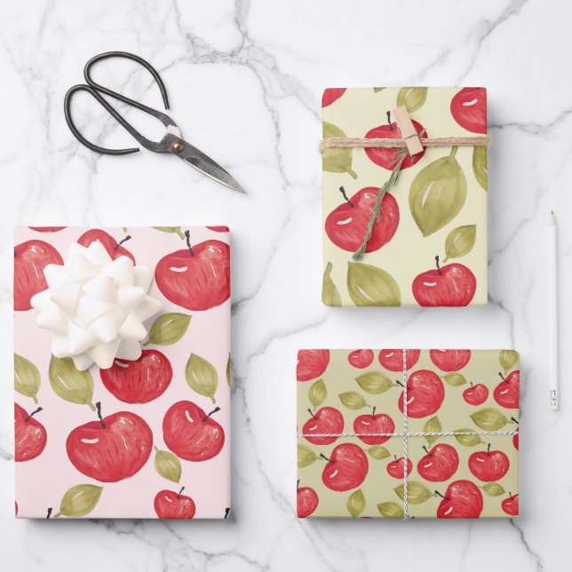 Apfelmuster Wasserfarben Handlackierte Wrapping Geschenkpapier Set (Vorderseite)