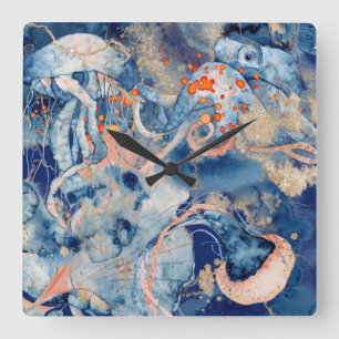 Apfelsinen-Tintenfisch Quadratische Wanduhr