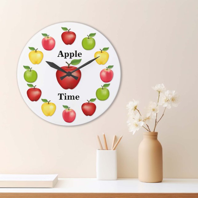 Apfelzeit, köstlich, Granny Smith, rosa Sorte Große Wanduhr (It’s Apple Time! Fresh, Red Delicious, Granny Smith, Golden Delicious and Pink Lady Apples.)