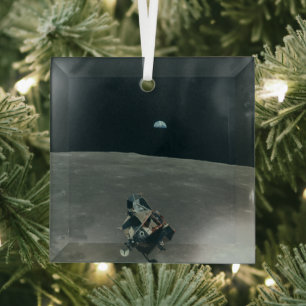 Apollo Lunar Lander und Erdaufgang über dem Mond Ornament Aus Glas