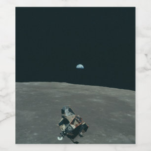 Apollo Lunar Lander und Erdaufgang über dem Mond Weinetikett