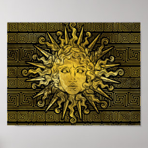 Apollo Sun Symbol auf griechischem Schlüsselmuster Poster