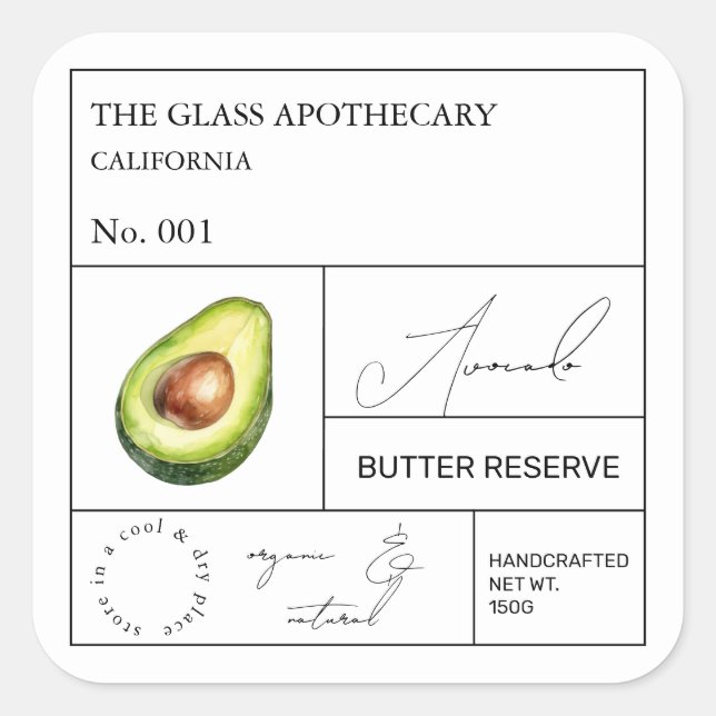 Apothecary Avocado Label Quadratischer Aufkleber (Vorderseite)