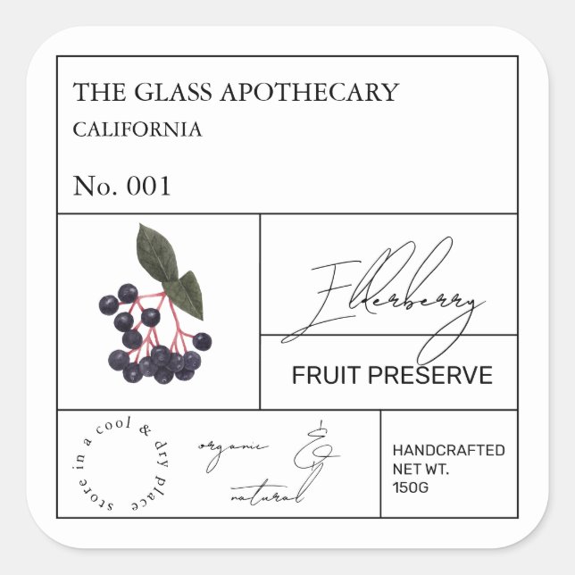 Apothecary Elderberry Label Quadratischer Aufkleber (Vorderseite)