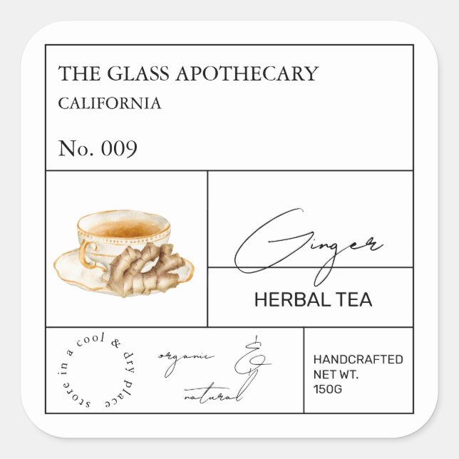 Apothecary Ginger Root Herbal Tee Label Quadratischer Aufkleber (Vorderseite)