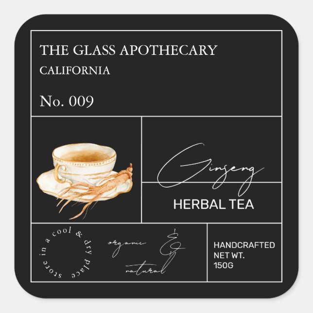 Apothecary Ginseng Herbal Tea  Label Quadratischer Aufkleber (Vorderseite)