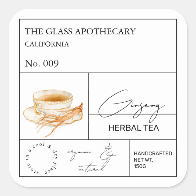 Apothecary Ginseng Herbal Teelabel Quadratischer Aufkleber (Vorderseite)