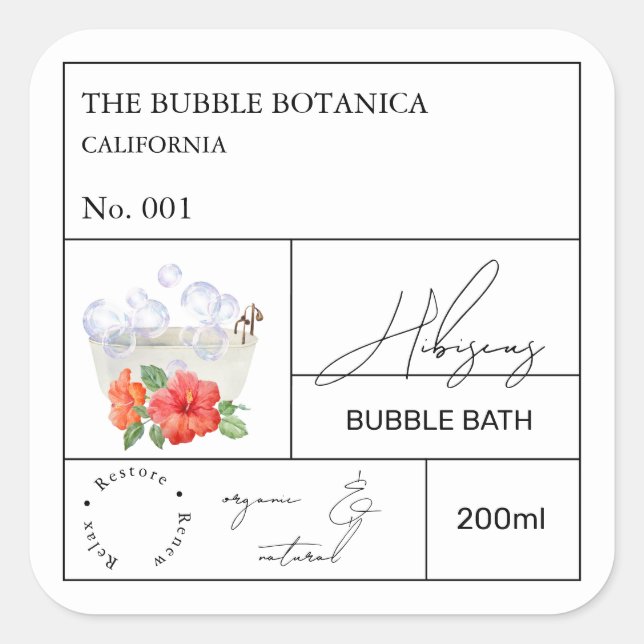 Apothecary Hibiscus Bubble Bath Label Quadratischer Aufkleber (Vorderseite)