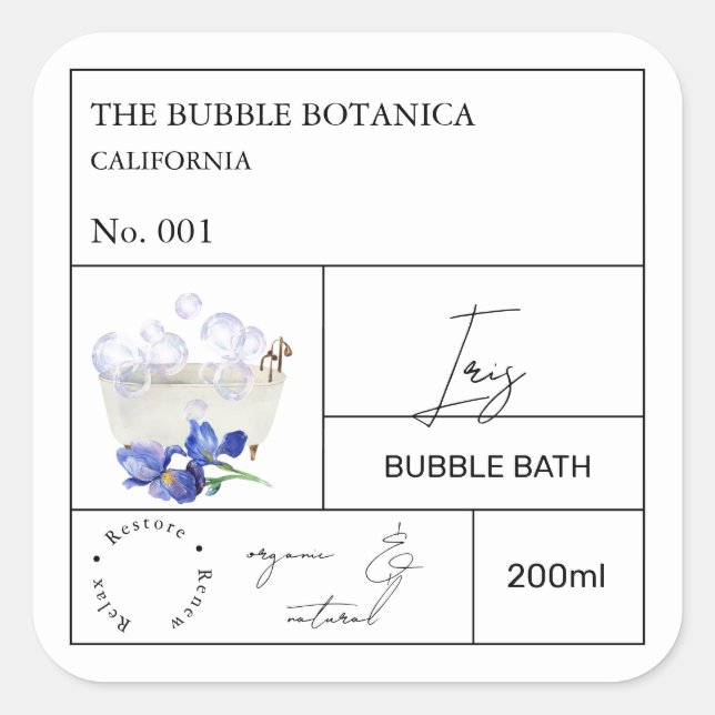 Apothecary Iris Bubble Bath Label Quadratischer Aufkleber (Vorderseite)