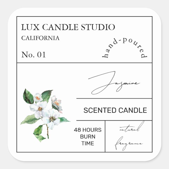 Apothecary Jasmine Scented Candle Label Quadratischer Aufkleber (Vorderseite)