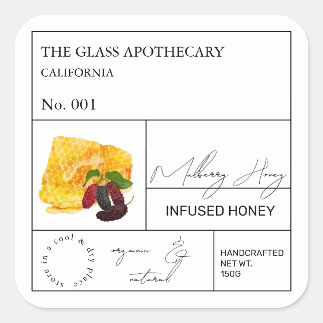 Apothecary Mulberry Infted Honey Label Quadratischer Aufkleber (Vorderseite)