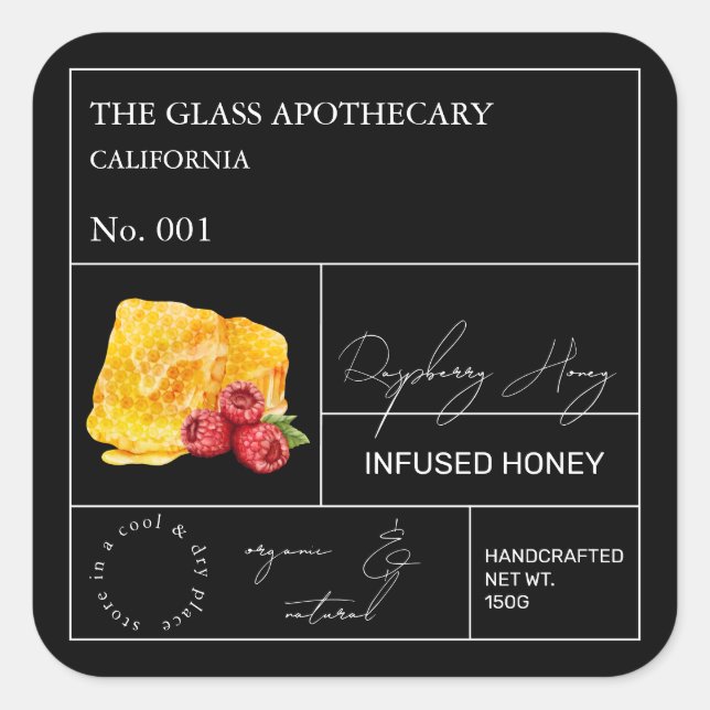 Apothecary Raspberry Infused Honey Label Quadratischer Aufkleber (Vorderseite)