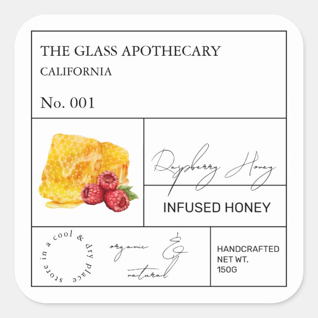 Apothecary Raspberry Infused Honey Label Quadratischer Aufkleber (Vorderseite)
