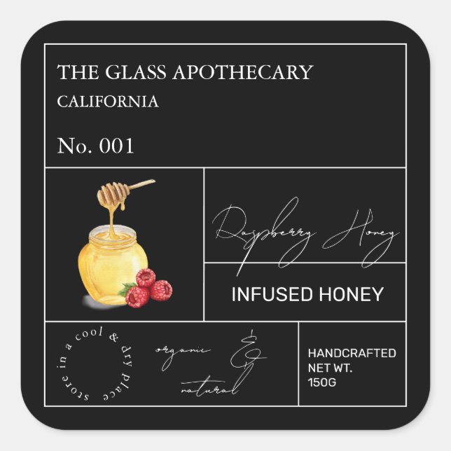 Apothecary Raspberry Infused Honey Label Quadratischer Aufkleber (Vorderseite)