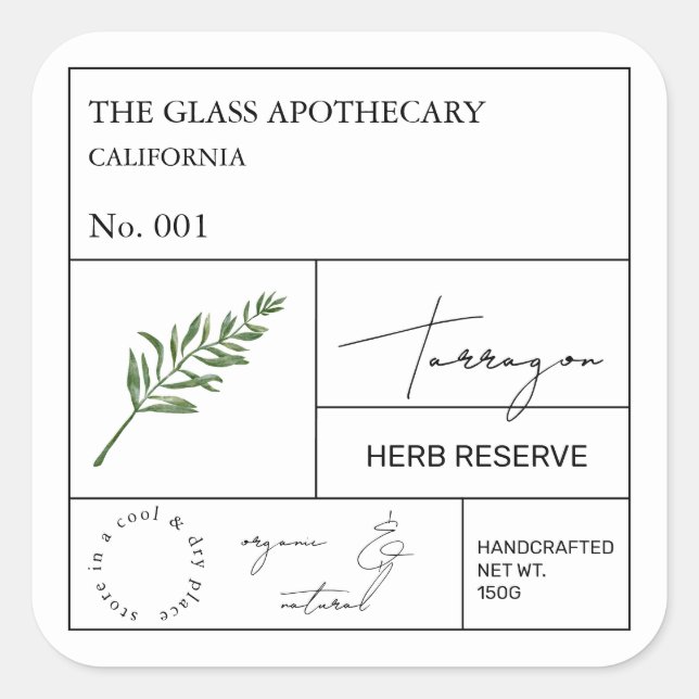 Apothecary Tarragon Label Quadratischer Aufkleber (Vorderseite)