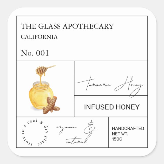 Apothecary Turmeric Infted Honey Label Quadratischer Aufkleber (Vorderseite)